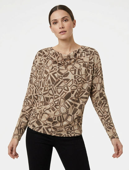 Top iridescente con collo a cascata con stampa grafica - Marrone