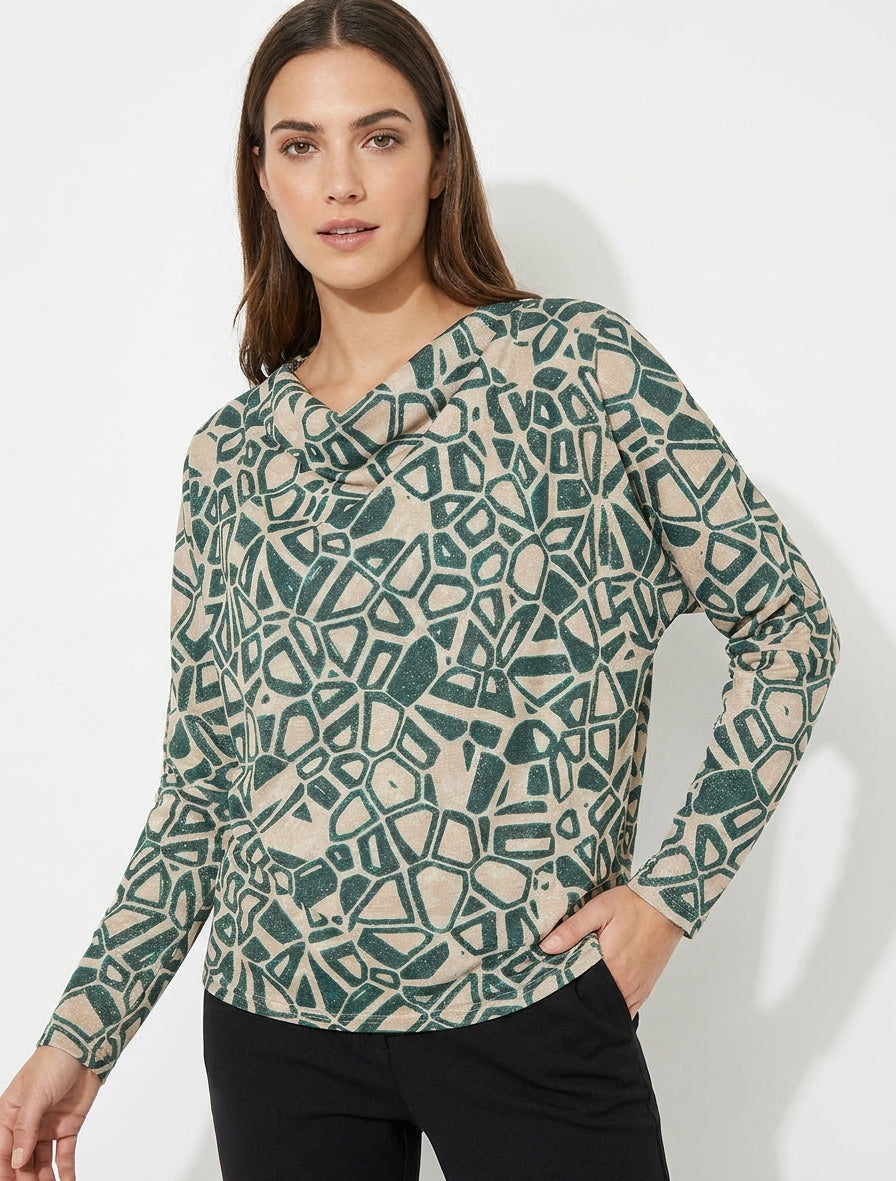 Top iridescente con collo a cascata con stampa grafica - Verde scuro