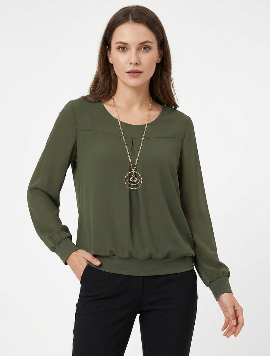 Maglia in voile a collo tondo e maniche lunghe - Cachi