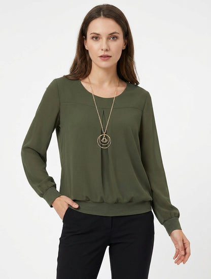 Maglia in voile a collo tondo e maniche lunghe - Cachi