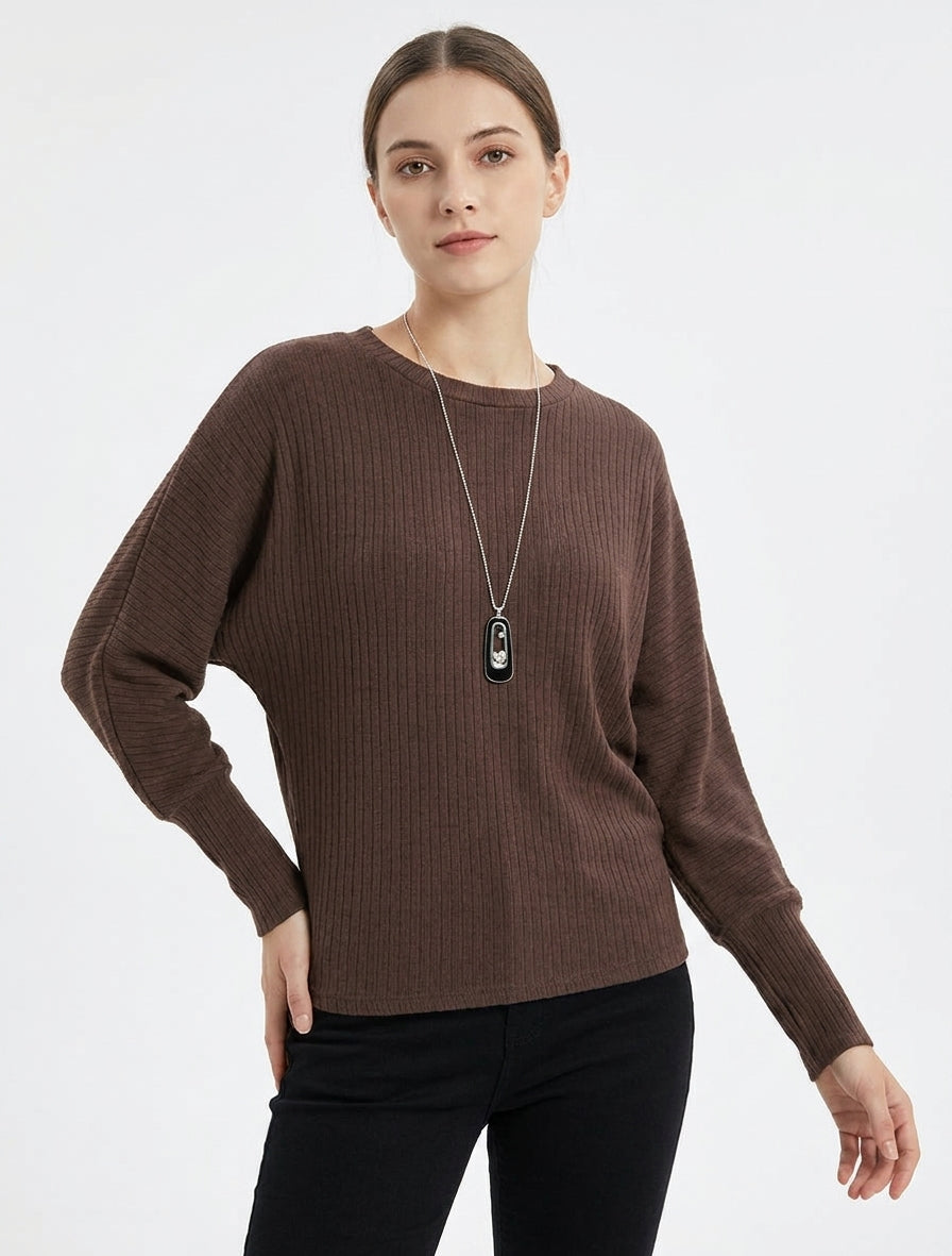 Maglione a coste a maniche lunghe stile pipistrello - Marrone