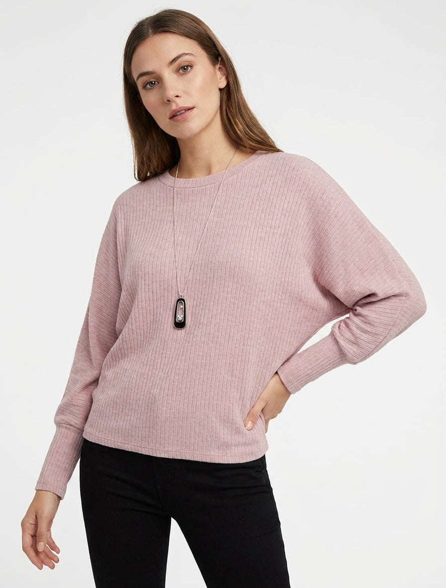 Maglione a coste a maniche lunghe stile pipistrello - Rosa