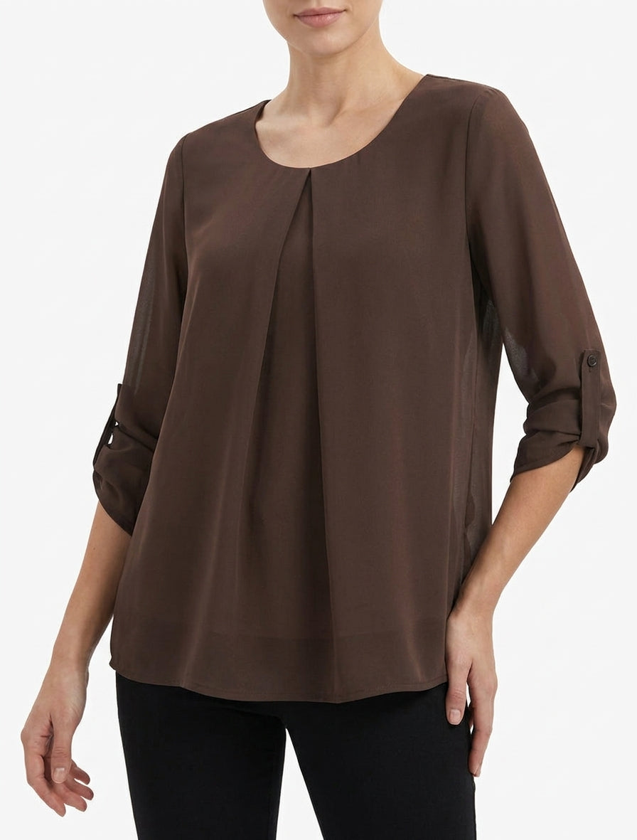 Top uni in voile con maniche arrotolabili - Marrone