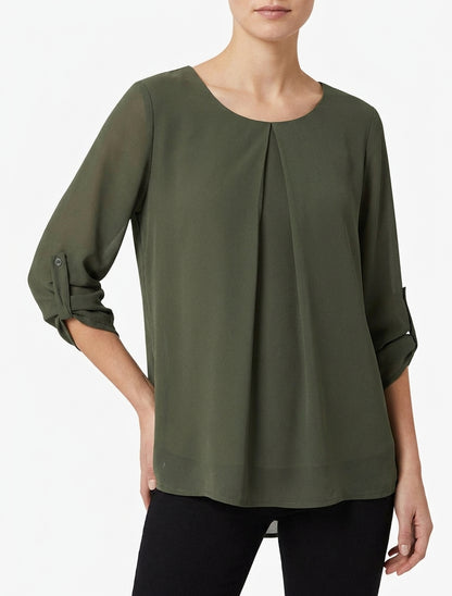 Top uni in voile con maniche arrotolabili - Cachi