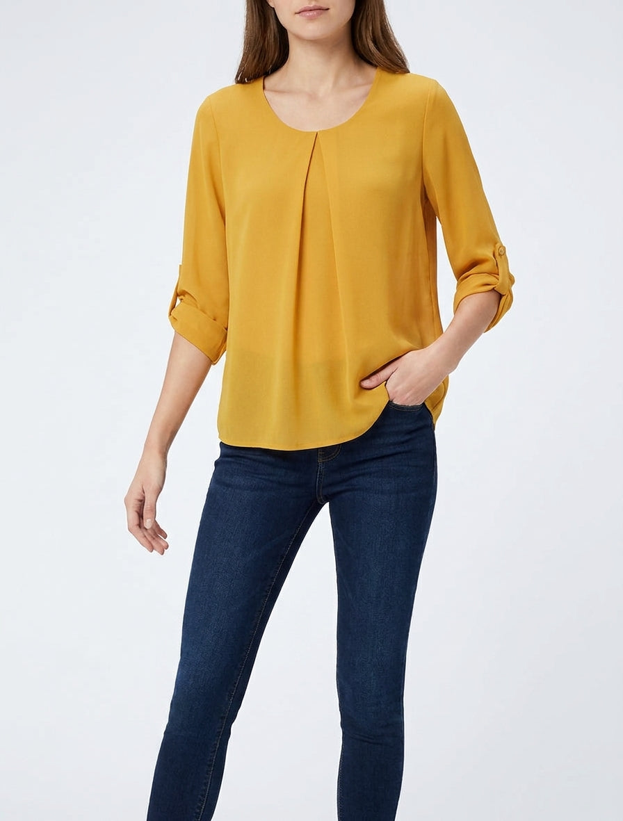 Top uni in voile con maniche arrotolabili - Senape