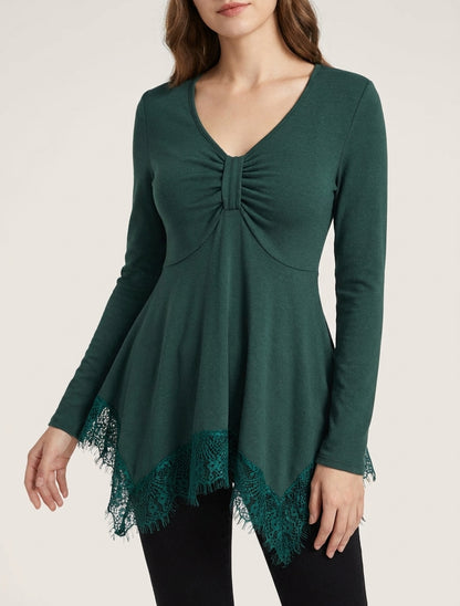 Maglia sottile con bordi asimmetrici in pizzo. - Verde scuro