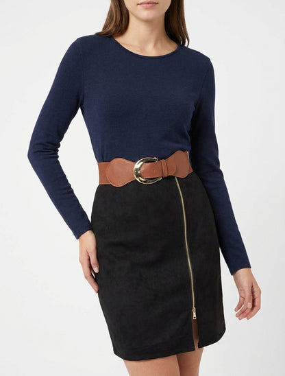 Abito dritto in maglia e scamosciato con maniche lunghe e zip - Marine/nero