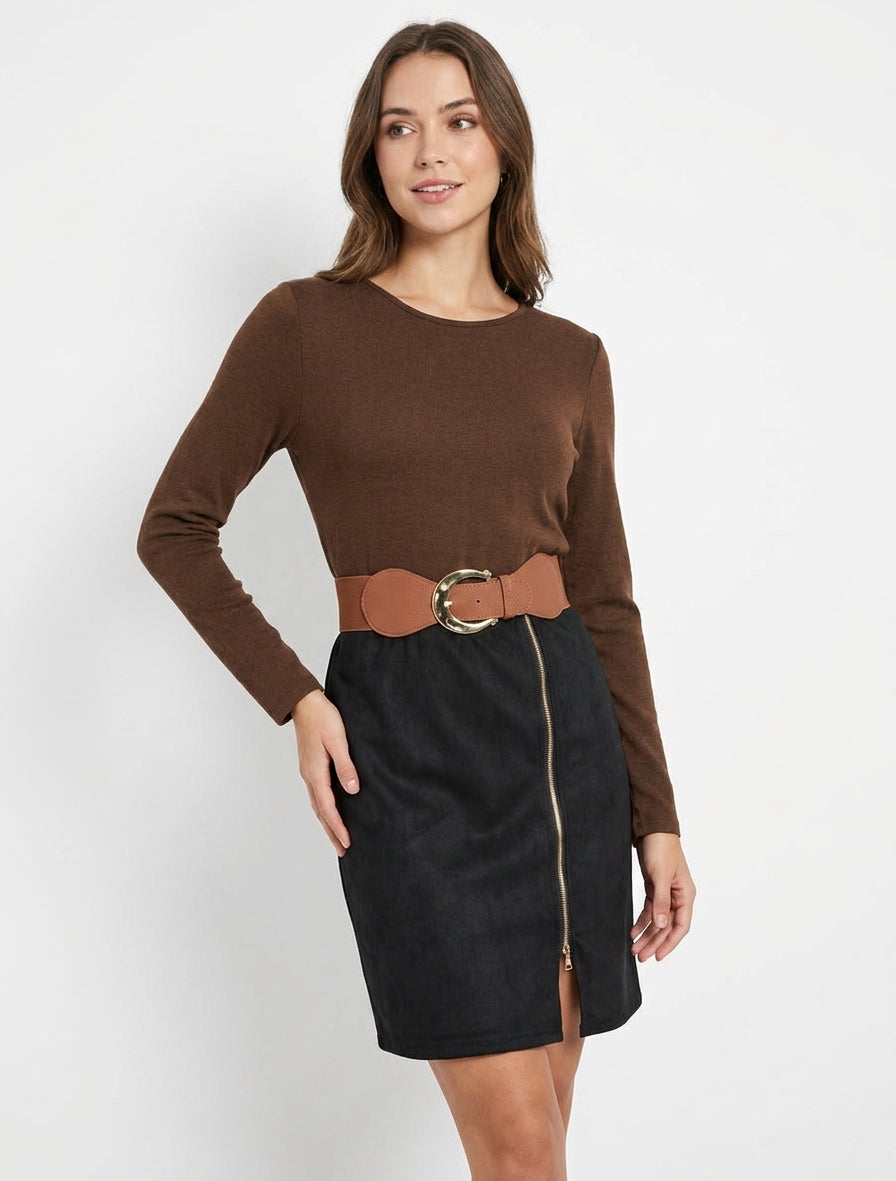 Abito dritto in maglia e scamosciato con maniche lunghe e zip - Marrone/nero