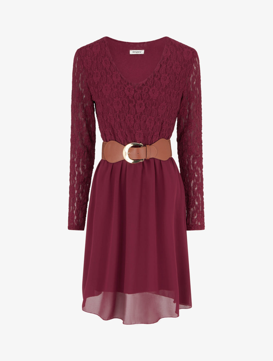 Robe évasée à buste en dentelle - Lie de vin - 1
