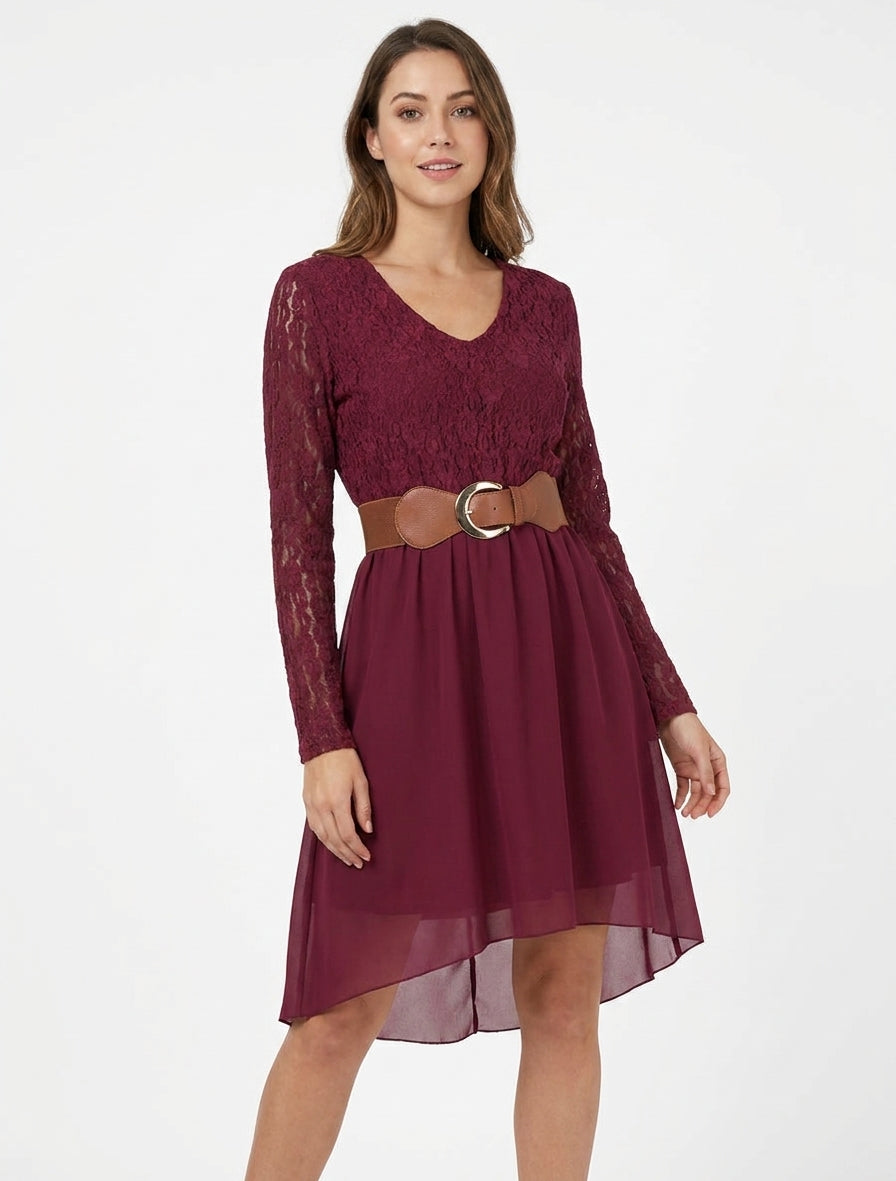 Abito svasato con corpetto in pizzo - Feccia di vino