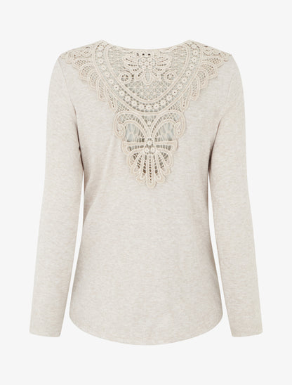 Pull fin uni à dos brodé - Beige - 2