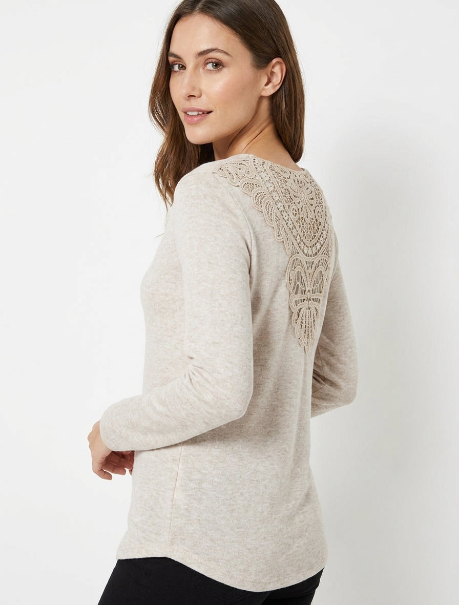 Maglione sottile unito con schiena ricamata - Beige