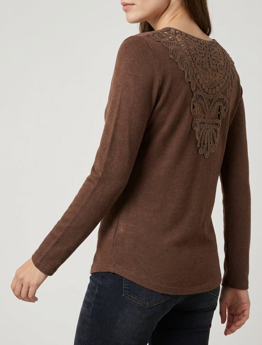 Maglione sottile unito con schiena ricamata - Marrone