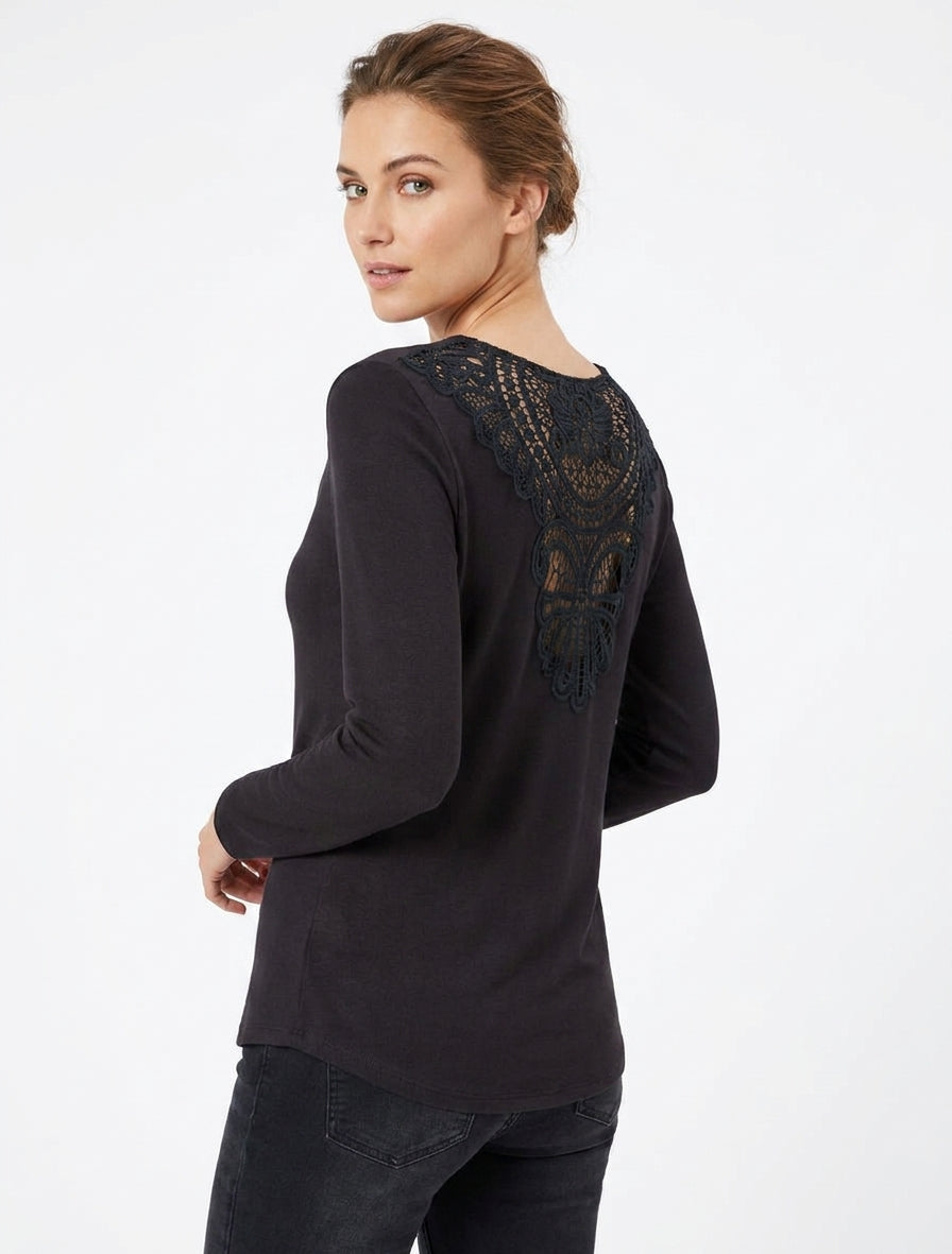 Maglione sottile unito con schiena ricamata - Nero