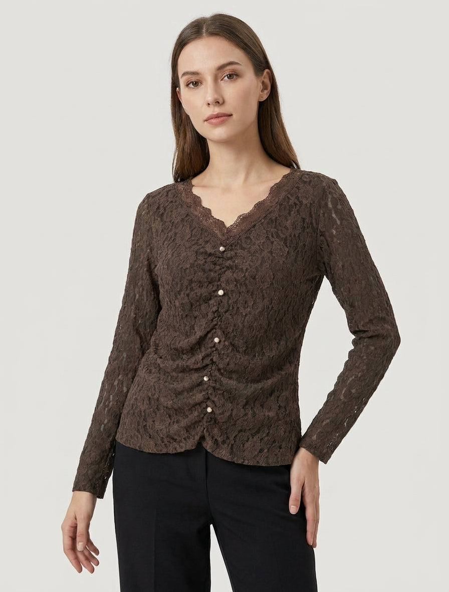 Top in pizzo effetto arricciato con bottoni decorativi - Marrone