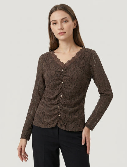 Top in pizzo effetto arricciato con bottoni decorativi - Marrone