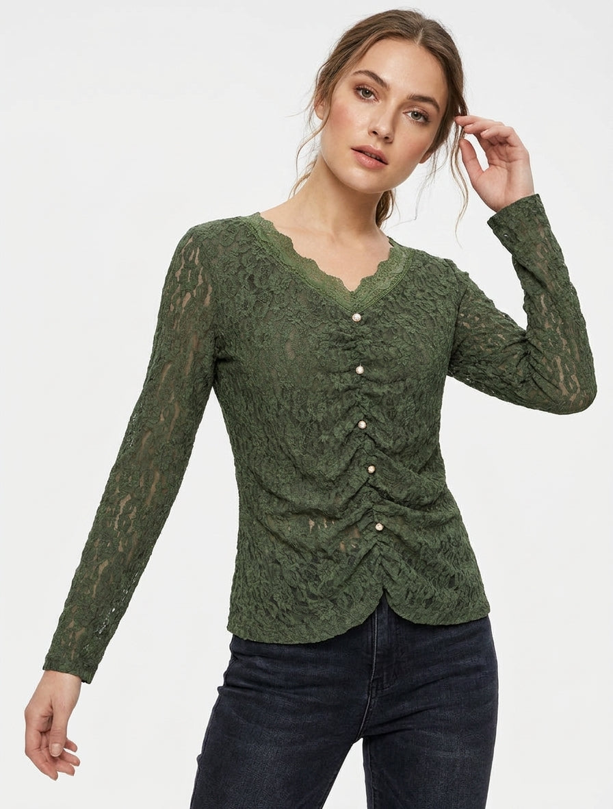 Top in pizzo effetto arricciato con bottoni decorativi - Cachi