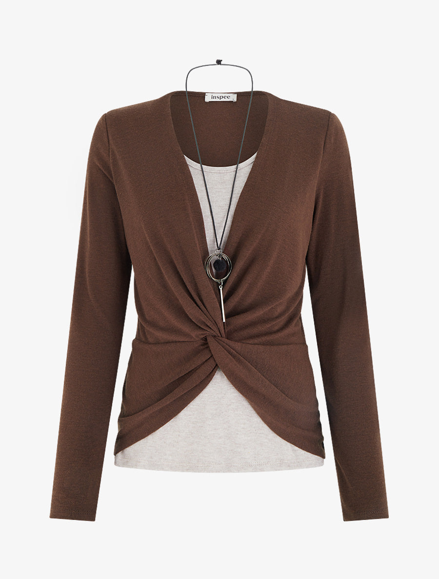 Pull style cache-coeur effet torsadé - Marron - 1