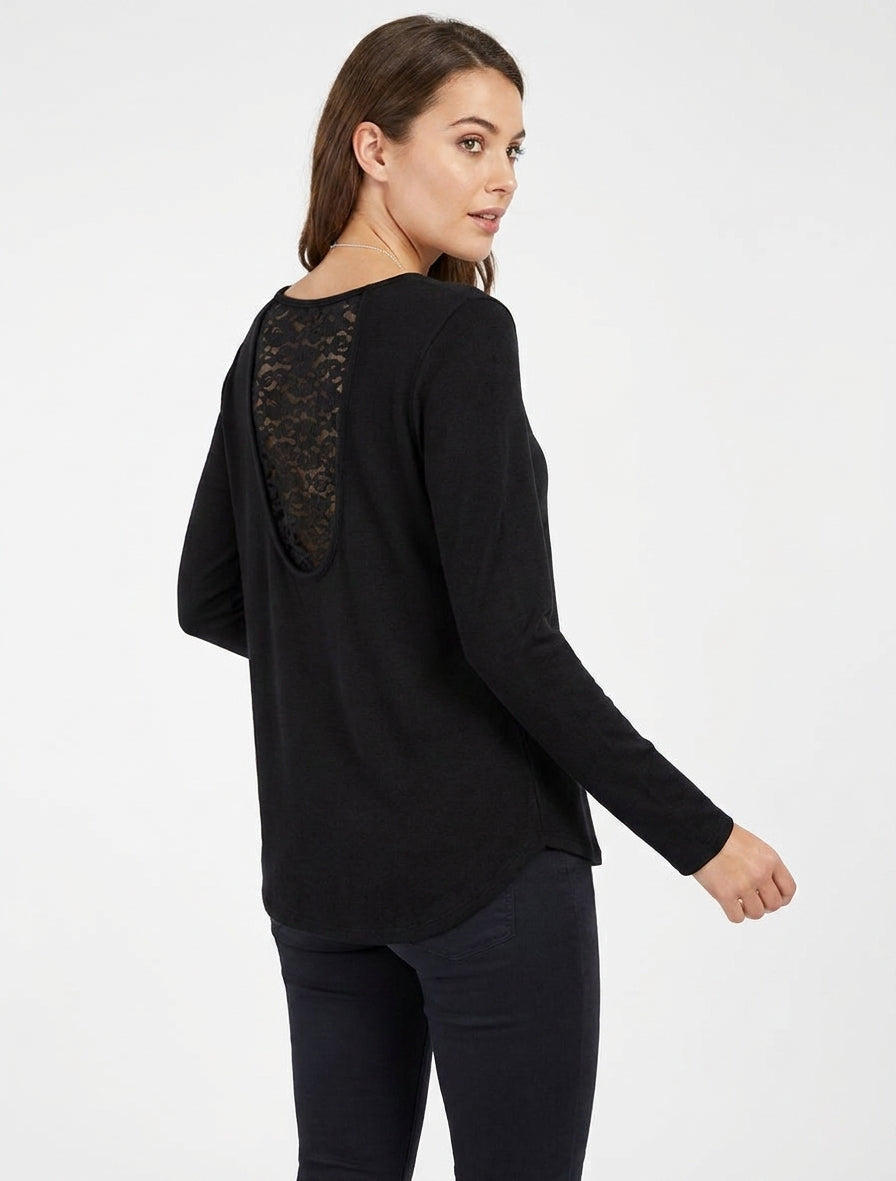 Maglione a taglio dritto con schiena in pizzo - Nero