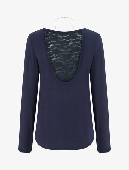 Pull coupe droite à dos en dentelle - Marine - 2