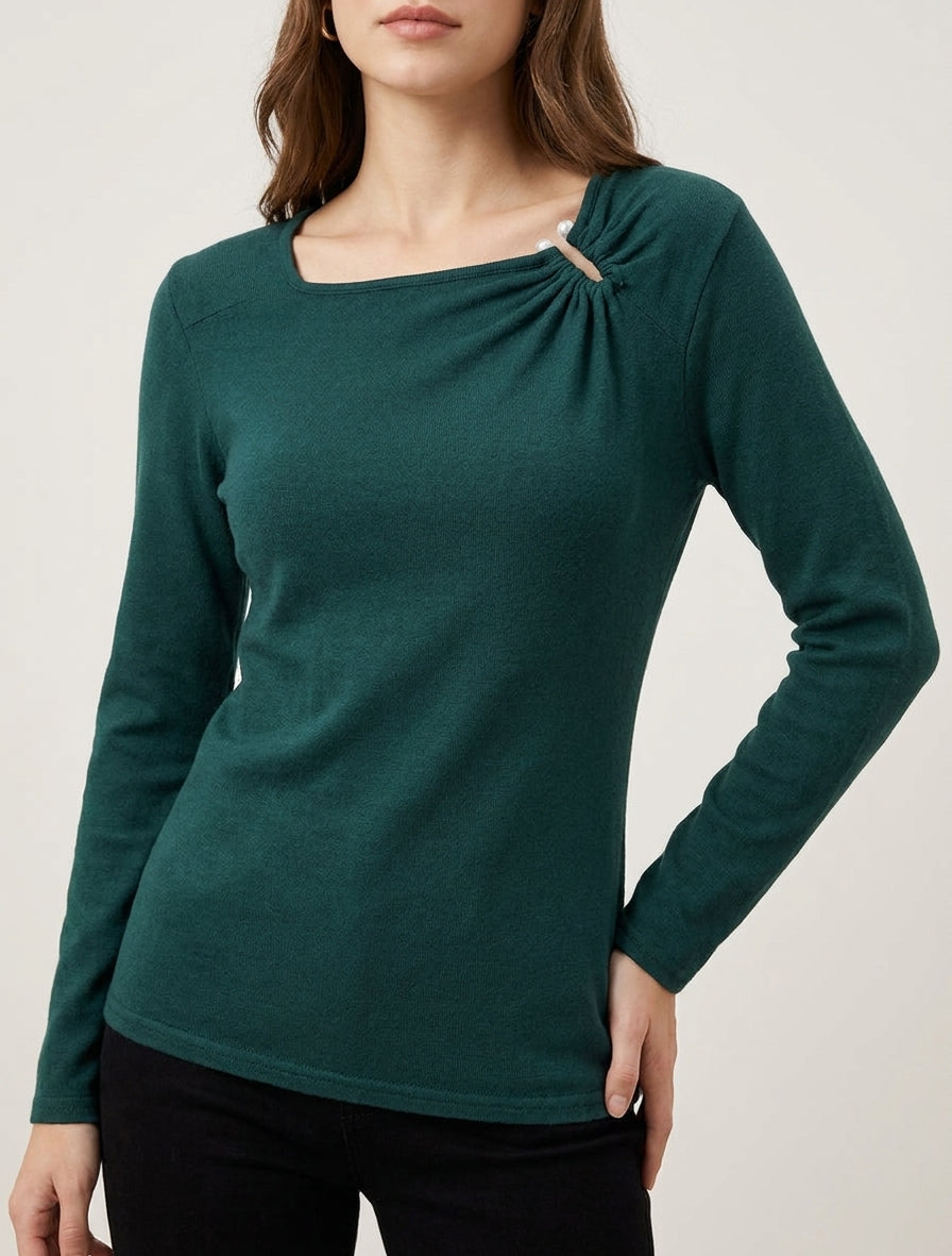 Maglia sottile dritta con scollo quadrato con perle gioiello - Verde scuro