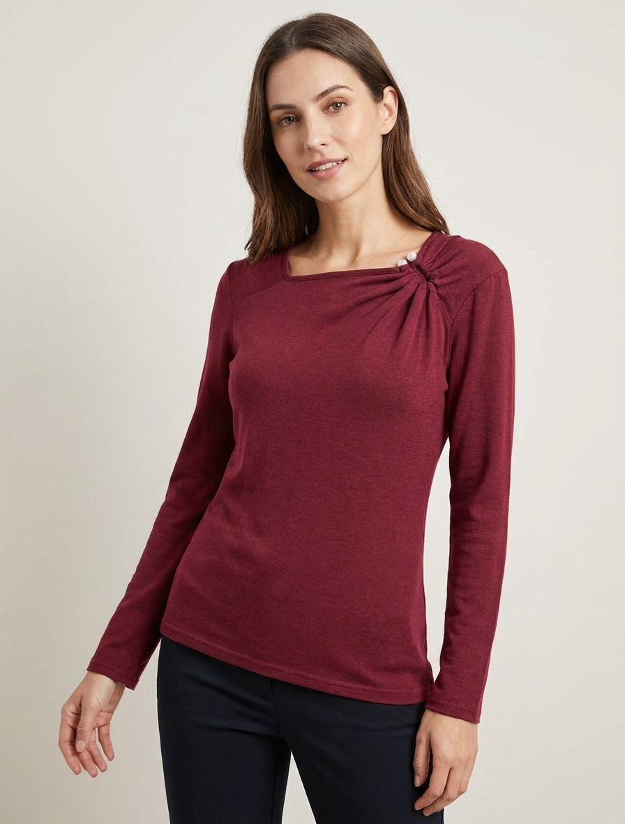 Maglia sottile dritta con scollo quadrato con perle gioiello - Bordeaux