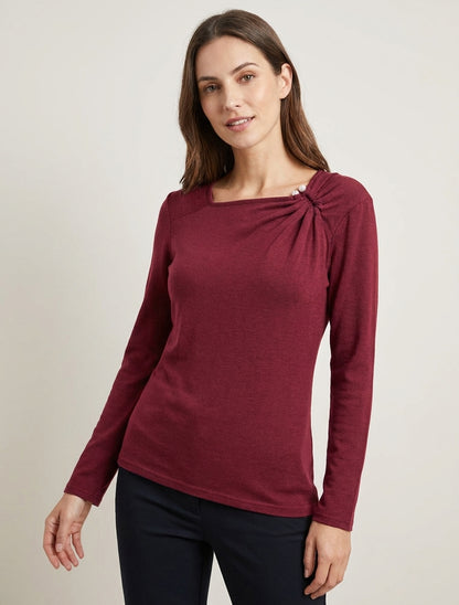 Maglia sottile dritta con scollo quadrato con perle gioiello - Bordeaux