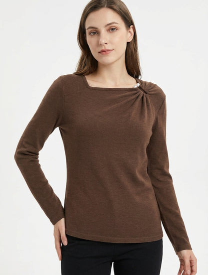 Maglia sottile dritta con scollo quadrato con perle gioiello - Marrone