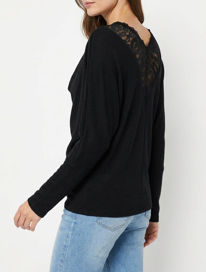 Maglione con collo a cascata e schiena a V in pizzo - Nero