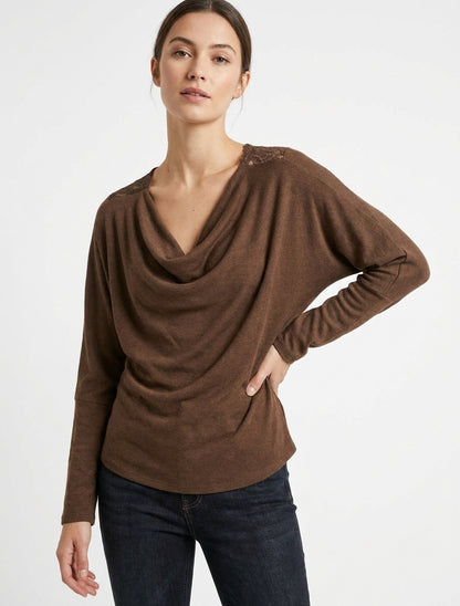Maglione con collo a cascata e schiena a V in pizzo - Marrone