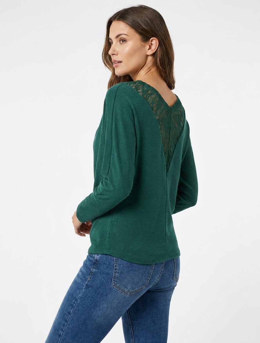 Maglione con collo a cascata e schiena a V in pizzo - Verde scuro