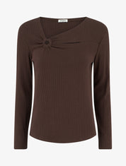 Pull côtelé à col asymétrique ajouré - Marron - 1