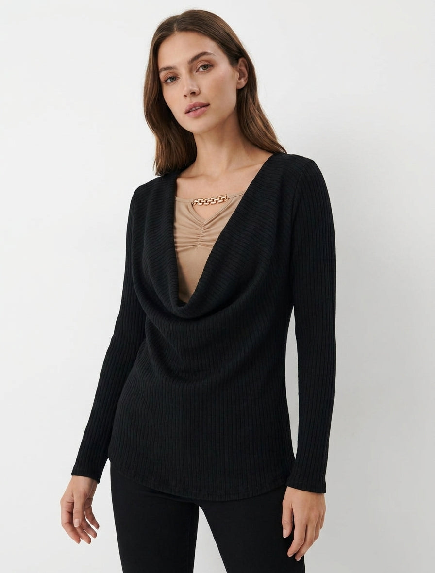 Maglione a coste con collo a cascata e gioiello - Nero