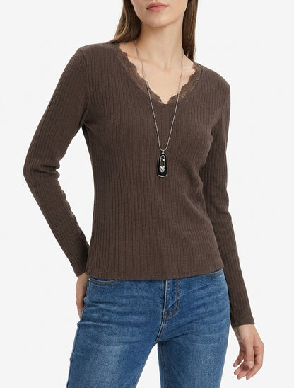Maglione a coste con scollo a V in pizzo - Marrone
