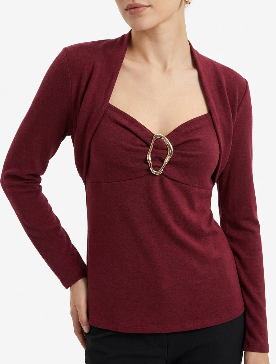Maglione con scollo quadrato effetto drappeggiato con gioiello - Bordeaux