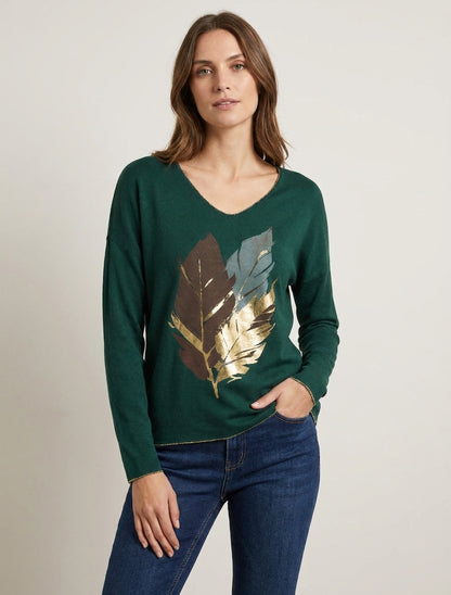 Maglione leggero con motivo di piume iridescenti - Verde scuro