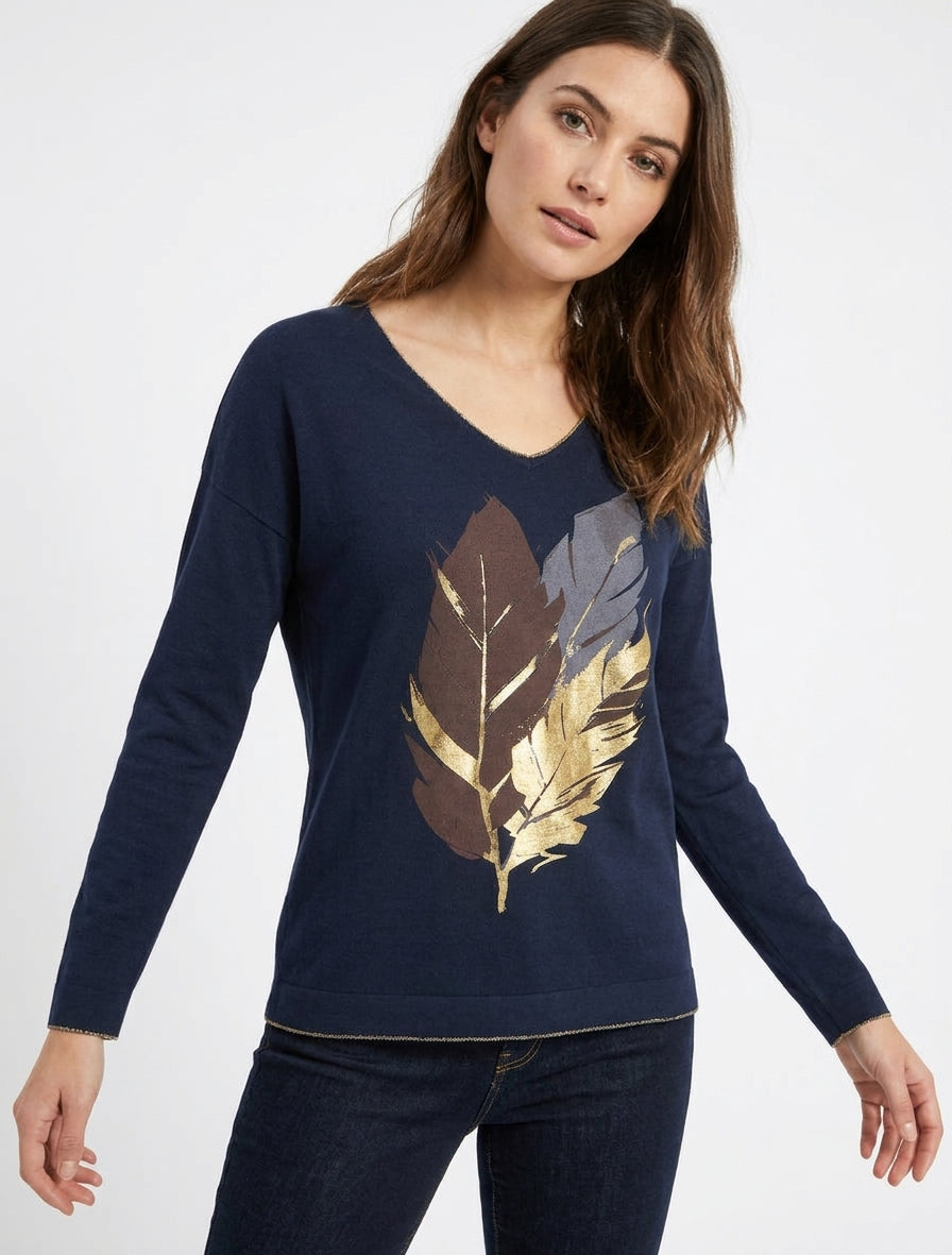 Maglione leggero con motivo di piume iridescenti - Marina