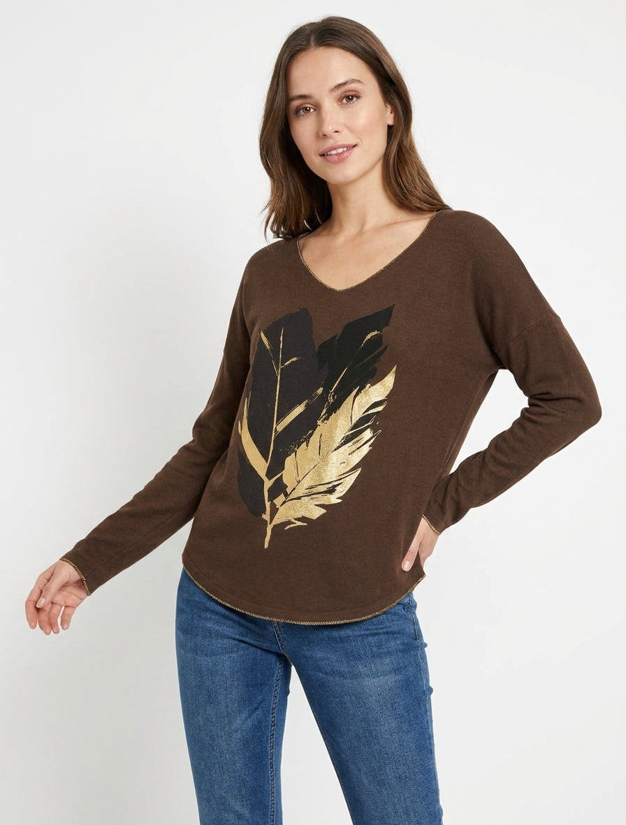 Maglione leggero con motivo di piume iridescenti - Marrone
