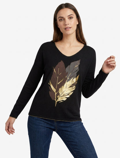 Maglione leggero con motivo di piume iridescenti - Nero