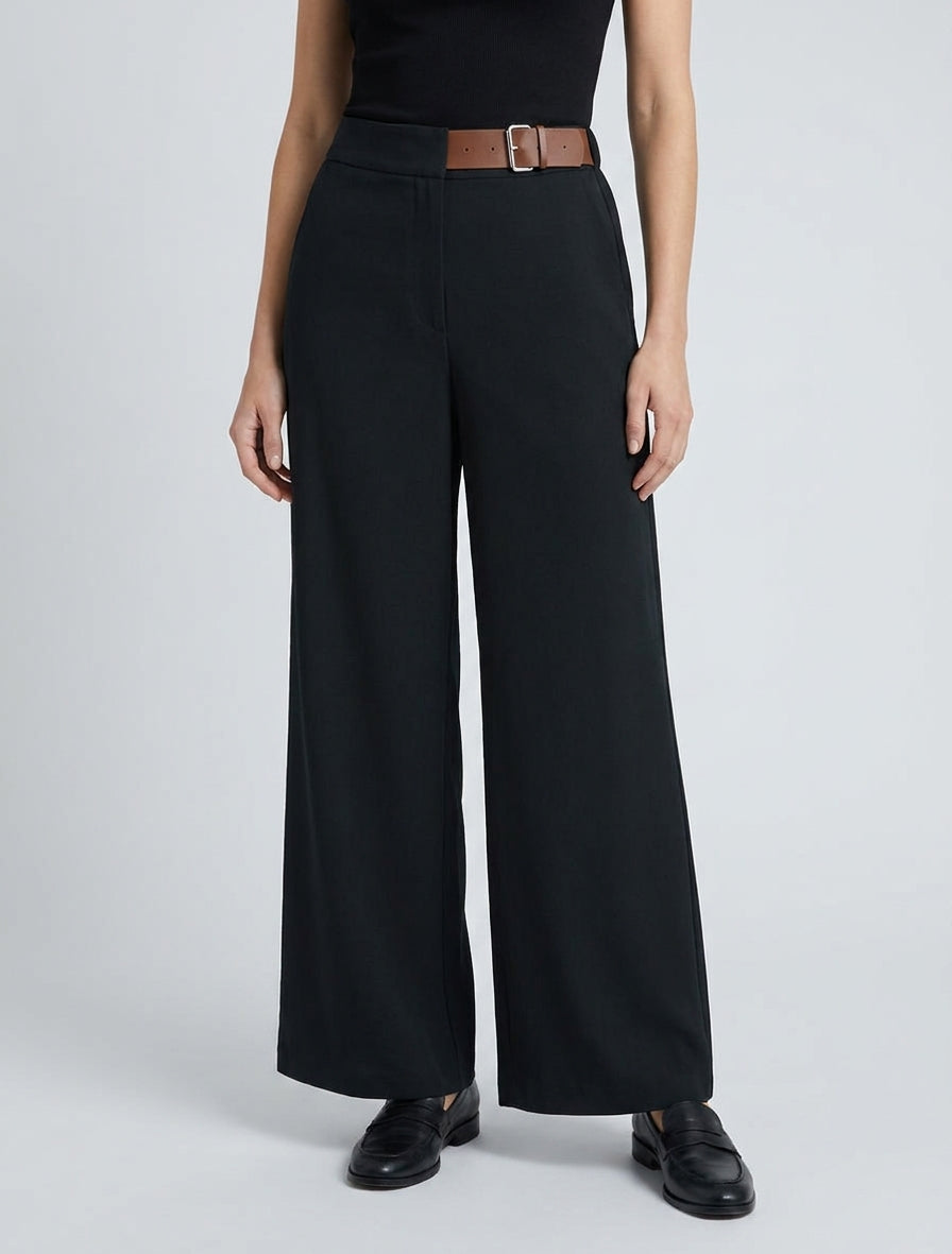 Pantaloni ampi a vita alta con cintura decorativa - Nero