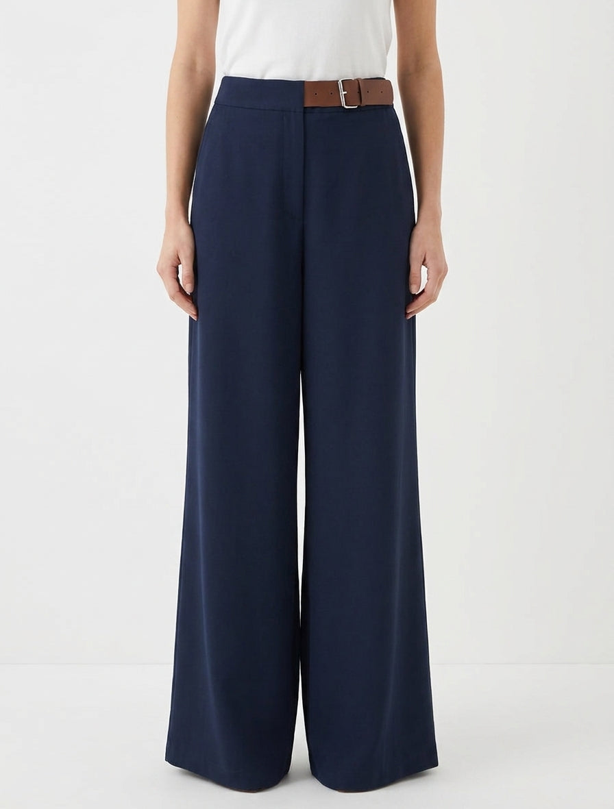 Pantaloni ampi a vita alta con cintura decorativa - Marina