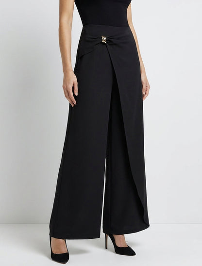 Pantaloni ampi con pannello e gioiello metallico - Nero