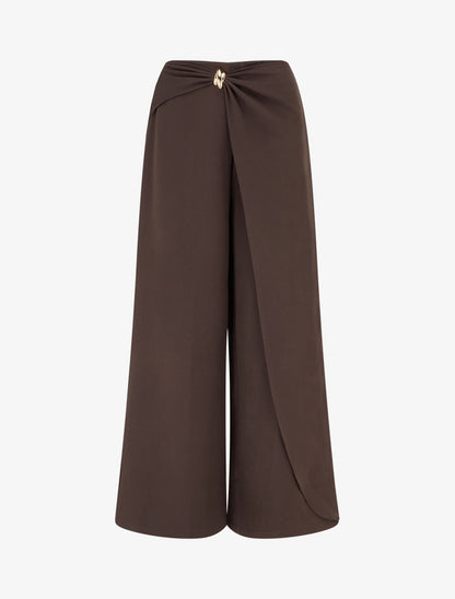 Pantalon ample à pan et bijou métallique - Marron - 1