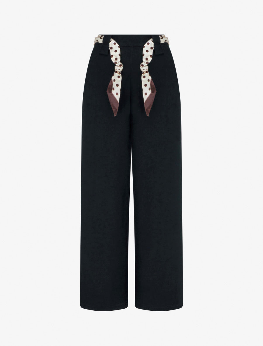 Pantalon uni ceinture satinée imprimée - Noir - 1