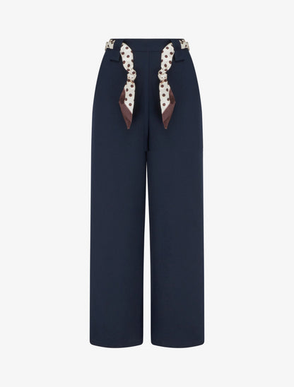 Pantalon uni ceinture satinée imprimée - Marine - 1