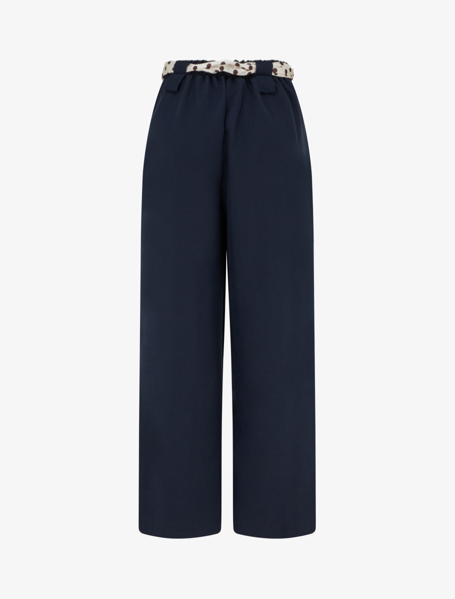 Pantalon uni ceinture satinée imprimée - Marine - 2