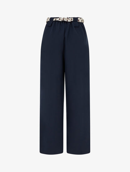 Pantalon uni ceinture satinée imprimée - Marine - 2