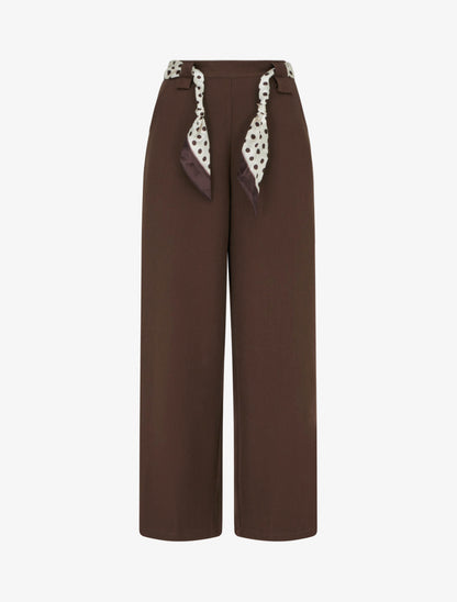 Pantalon uni ceinture satinée imprimée - Marron - 1