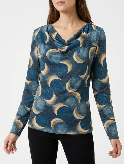 Top destro iridescente con stampa di cerchi fantasia. - Blu petrolio