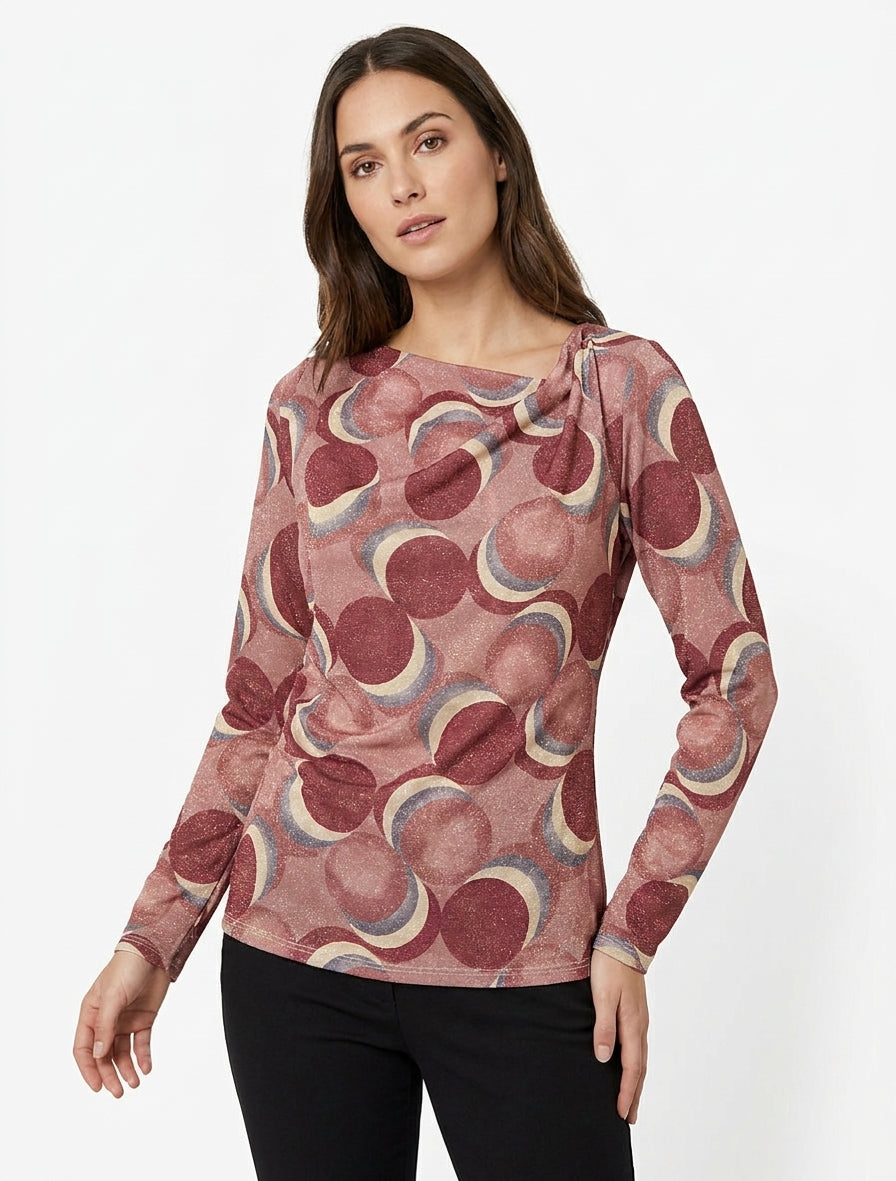 Top destro iridescente con stampa di cerchi fantasia. - Rosa antico